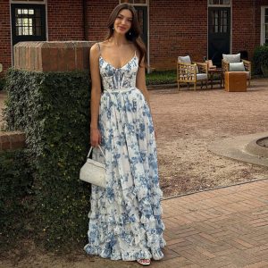Cross-border European and American fashion summer new blue French style suspender dress, resort style floral waist-cinching long dress SY385