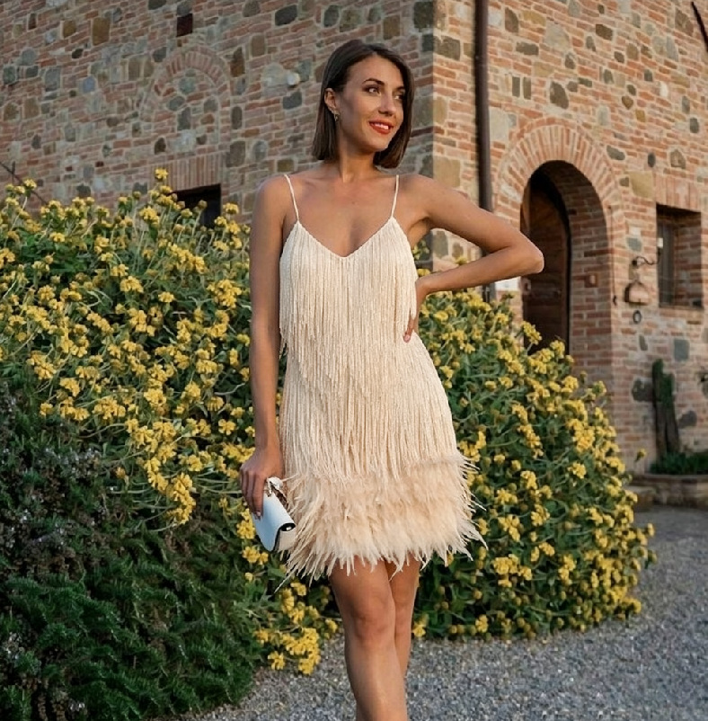 2026 Fashionable Tassel Sequin Multi-Colored Birthday Party Sexy V-Neck Suspender Feather Patchwork Dress - Image 10
