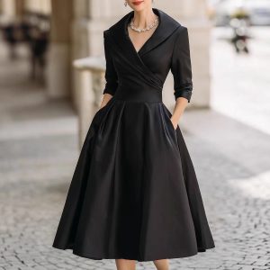 Women's Formal Long-Sleeve Waist-Cinched Dress