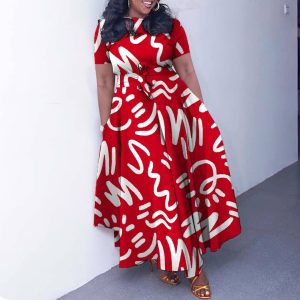 D3266 Cross-border Women's Clothing 2024 New Fashionable and Elegant Tie-waist Plus Size Short Sleeve Full Skirt Dress (Foreign Trade)