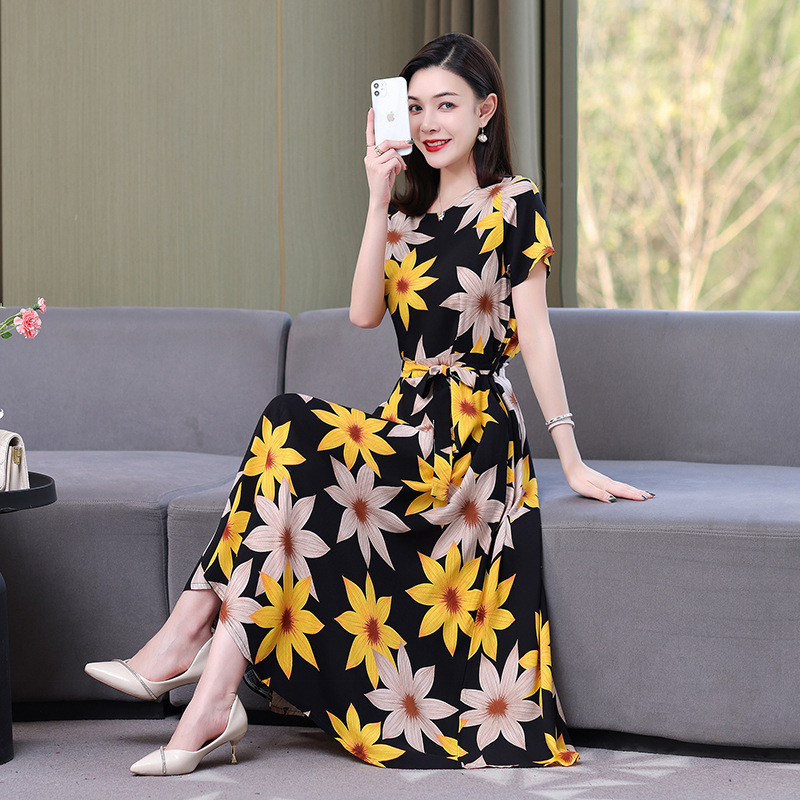 Artificial cotton silk dress women's clothing 2023 summer new middle-aged mother mid-length over-the-knee plus-size loose skirt - Image 17