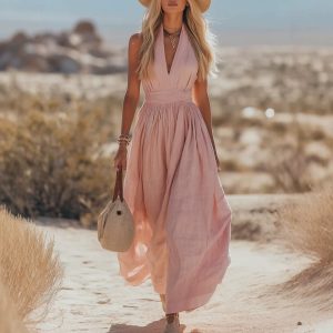 Sleeveless V-Neck Linen Maxi Dress