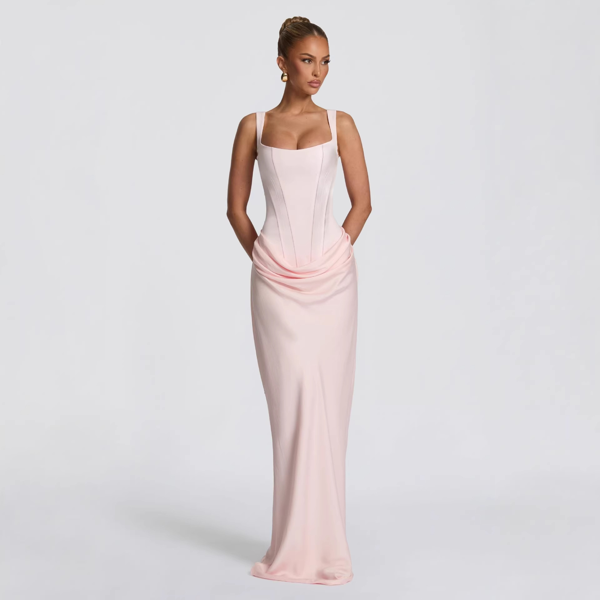 European and American style women's casual long-sleeved slim-fit herringbone pure and sexy suspender long dress slim solid color hip-hugging dress - Image 3