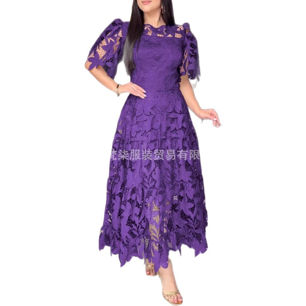 European and American cross-border e-commerce, 2025 summer Amazon independent store, elegant and fashionable heavy-duty hollowed-out lace solid color dress. - Image 5