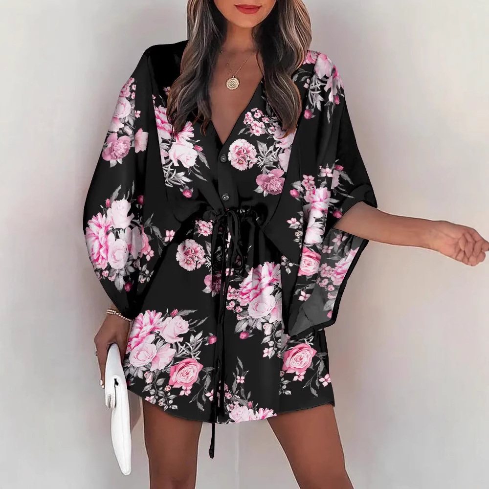 2023 Cross-border European and American Summer Flutter Sleeve A-line Dress Wish Amazon V-neck Tie-up Casual Vacation Short Dress - Image 4