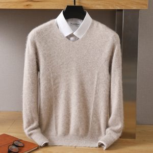 Autumn and winter new men's V-neck loose pullover solid color mink velvet base sweater knitted sweater inner top wool sweater