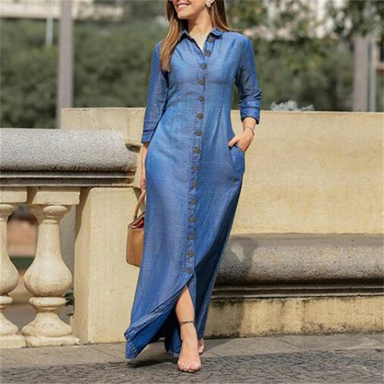 2022 European and American autumn women's clothing temperament elegant fashion neutral style long-sleeved lapel cardigan solid color long denim skirt - Image 5