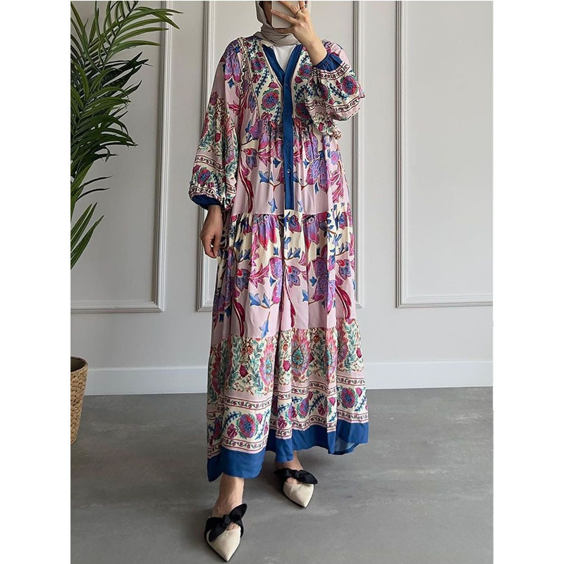2023 new color contrast dress cross-border dress women's long-sleeved stand-up collar printed large swing skirt national long skirt - Image 3