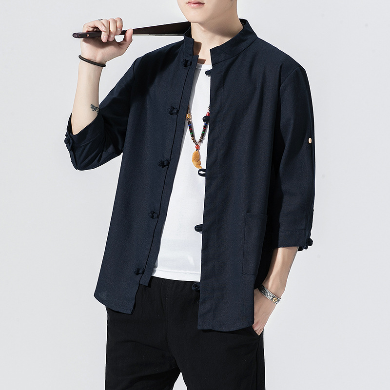 2022 summer new men's Chinese style solid color cotton linen stand collar 7 points sleeve shirt button retro casual shirt - Image 5