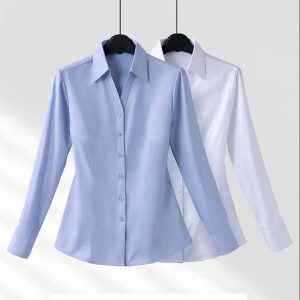 Women's V-neck white shirt, long-sleeved, spring/summer professional attire, hotel formal wear, white-collar fashion reception uniform, work shirt.