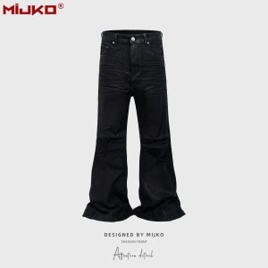 MIJKO Men's and Women's Black Rubber Coated Trousers Unisex Creased Texture Wide Leg Slightly Flared BootCut Jeans