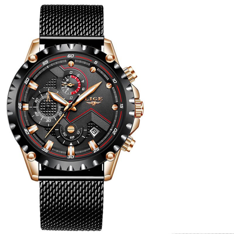 LIGE Milan mesh fashion quartz watch multi-functional six-pin chronograph calendar watch business watch 9821 - Image 2