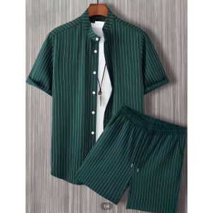 2024 Amazon TEMU hot-selling short-sleeved trendy black and white striped Hawaiian cross-border short-sleeved shirt men's suit