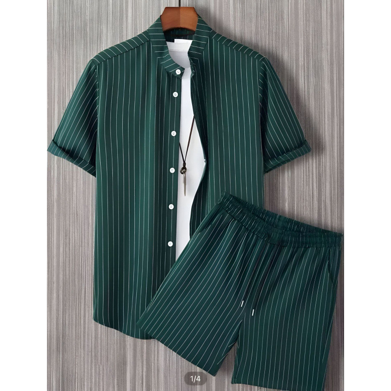 2024 Amazon TEMU hot-selling short-sleeved trendy black and white striped Hawaiian cross-border short-sleeved shirt men's suit