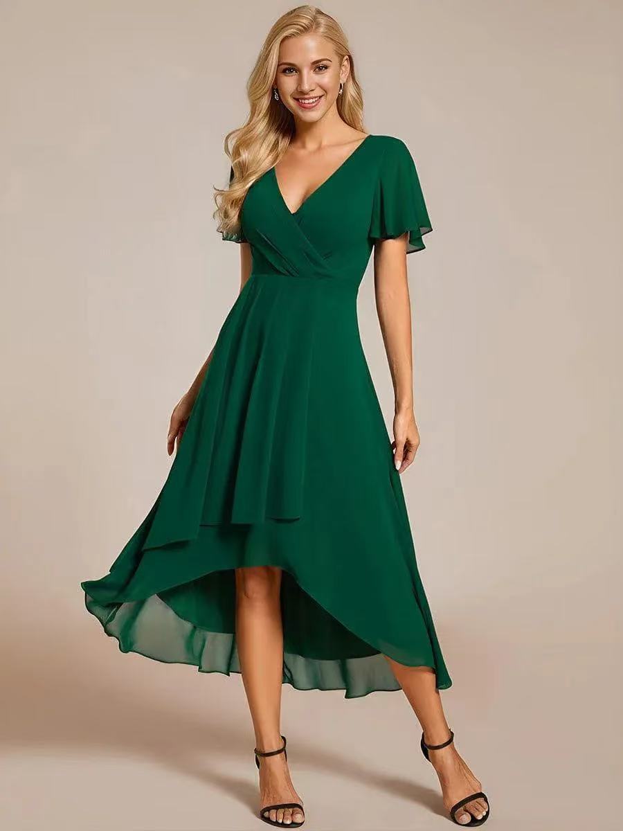 2025 Hot Selling New European and American Cross-border Summer Solid Color V-neck Ruffle Sleeve Chiffon Elegant Party Dress - Image 15
