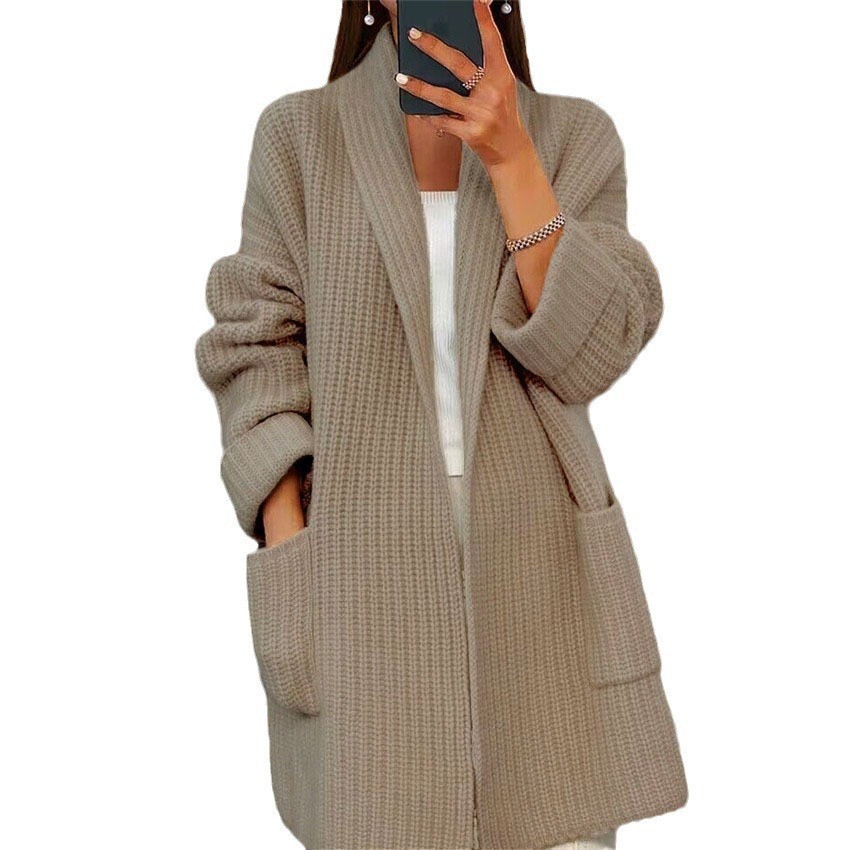 2024 Autumn/Winter New Women's Thick Solid Color V-Neck Knitted Cardigan Loose Pocket Sweater Coat - Image 2
