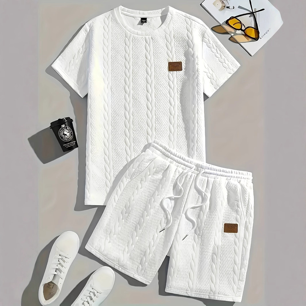 Cross-border European and American style men's solid color patchwork design overseas style summer 2025 knitted casual ribbed short-sleeved two-piece set - Image 2