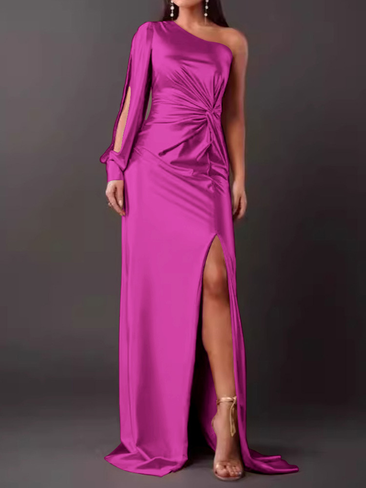 2024 summer new European and American Amazon cross-border women's clothing oblique collar raglan sleeves pleated waist slit sexy long skirt - Image 16