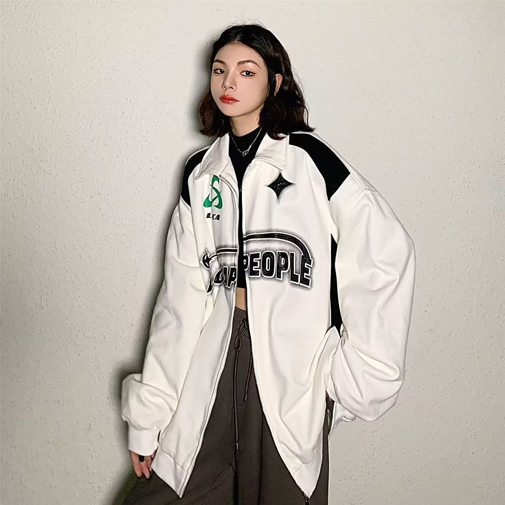 Vintage jacket men's spring and autumn loose zipper sweater American casual sports jacket boys and girls ins tide brand