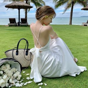 Seaside holiday dress summer super fairy Sanya travel wear white sexy backless suspender skirt beach skirt female