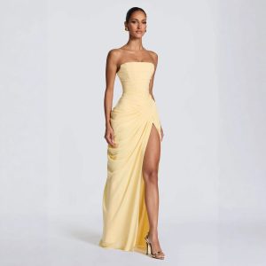 Asymmetric Pleated High-Slit Strapless Dress