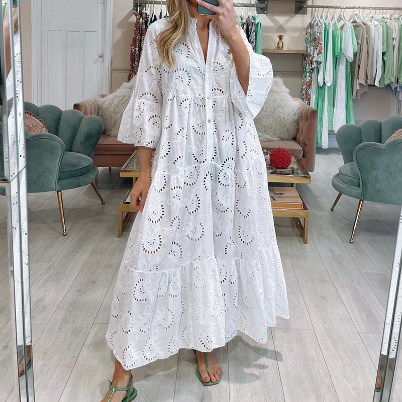 2023 Europe and America Cross Border Summer and Autumn French Style V-neck Bell Sleeve Lace Hollow-out Solid Color Sexy Long Dress for Women - Image 9