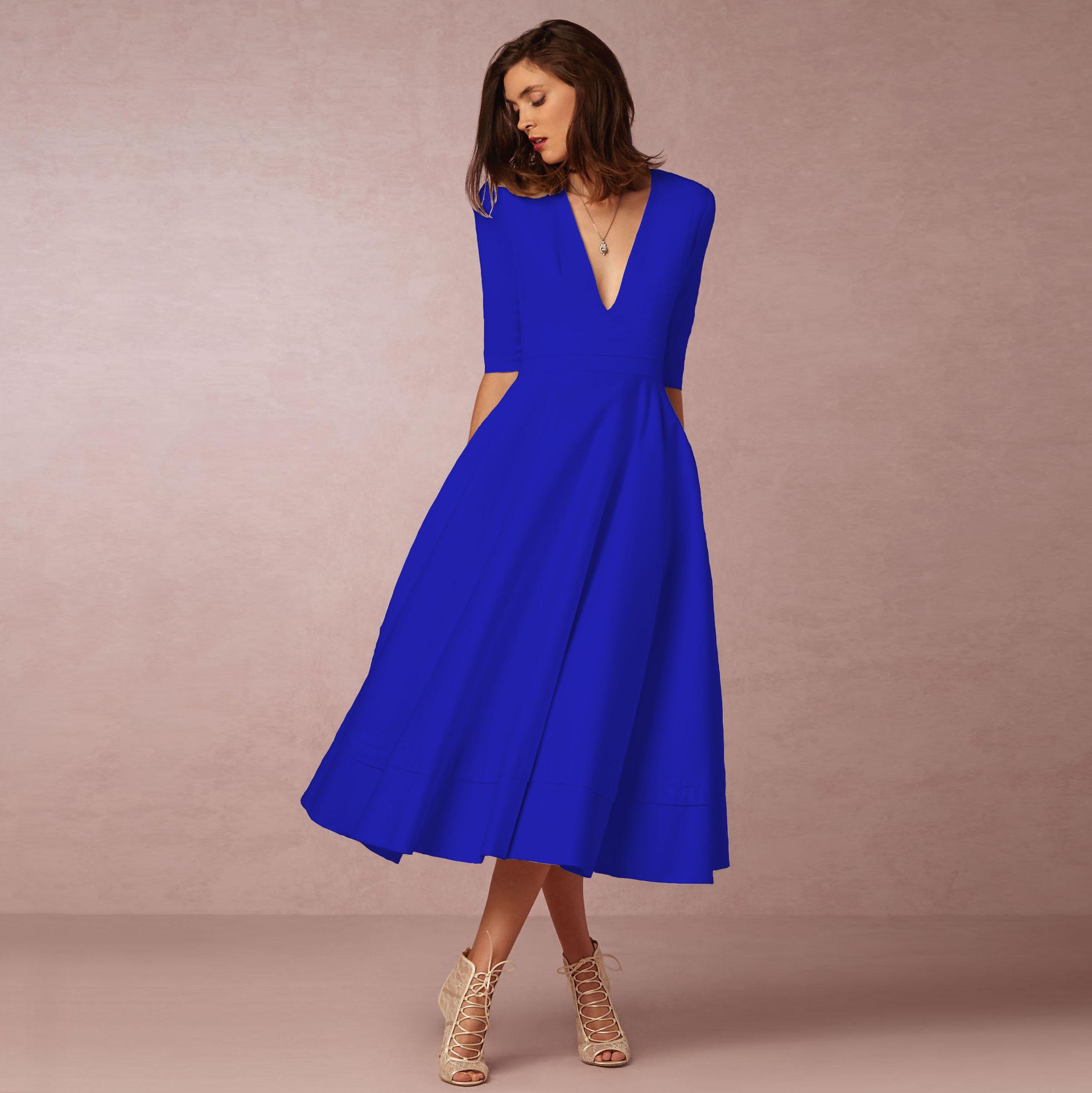 2023 new European and American foreign trade women's evening dress Amazon hot style sexy deep V mid-sleeve swing dress - Image 12