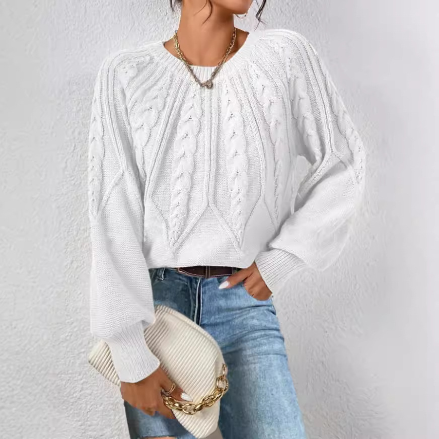 Amazon pullover crew neck knit sweater, cross-border foreign trade, long-sleeved cable knit solid color autumn and winter versatile knit top for women - Image 3