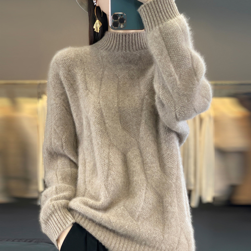 New autumn/winter pullover sweater for women, high neck wool sweater, loose knit base layer, jacquard thick Korean style trendy