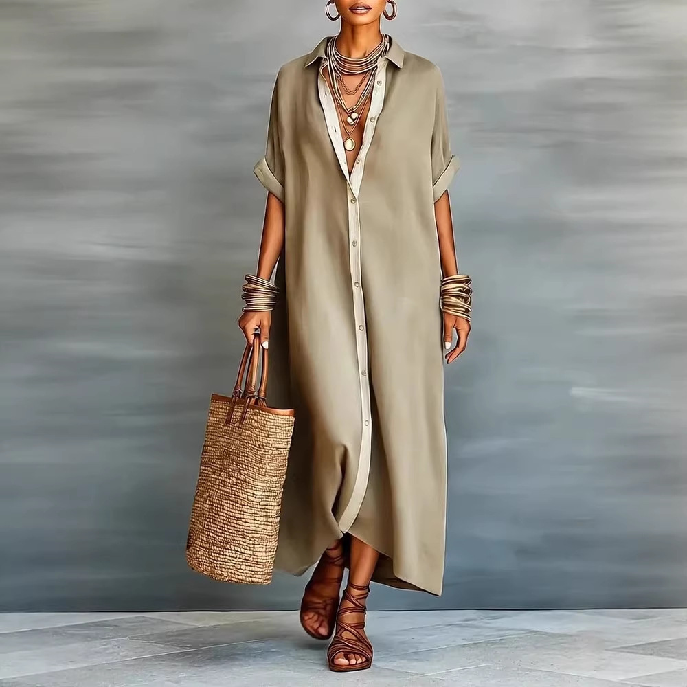 2026 European and American Spring New Arrival Amazon Spring Cross-border Women's Color Block Cotton Linen Shirt Dress - Image 3