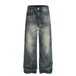 FX082 American High Street Retro Style Men's Jeans with High-End Washed Blue Whisker Pattern Design