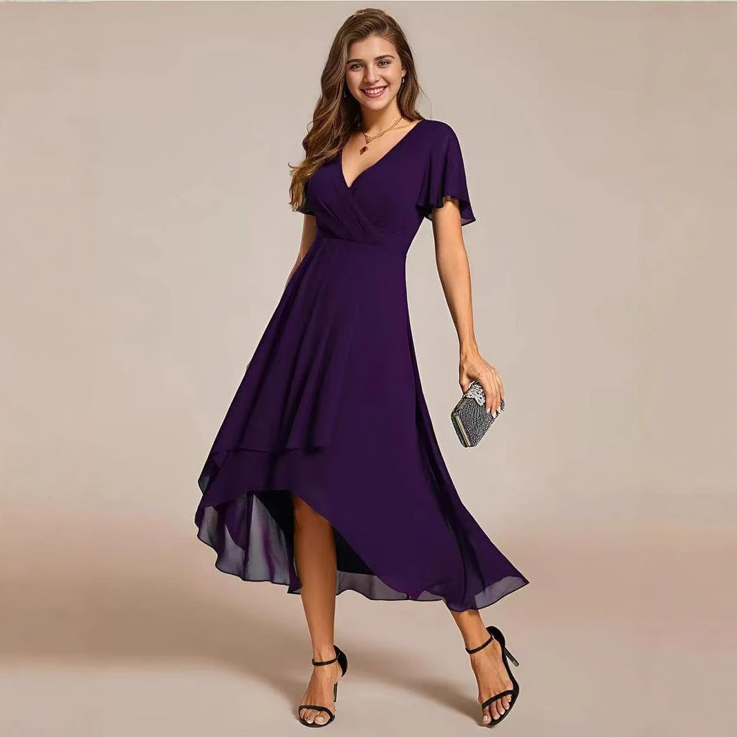 2025 Hot Selling New European and American Cross-border Summer Solid Color V-neck Ruffle Sleeve Chiffon Elegant Party Dress - Image 4