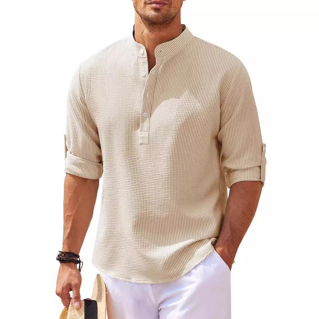 European and American style men's long-sleeved shirts, stand-up collar, half-button shirts, pineapple plaid shirts, men's casual shirts, wholesale. - Image 3