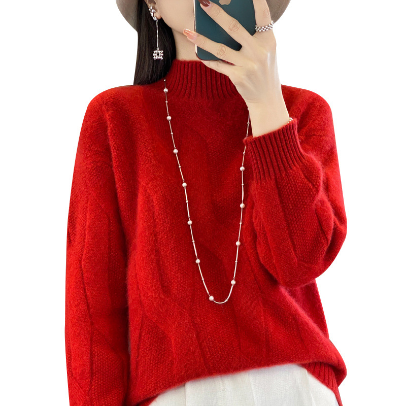 New autumn/winter pullover sweater for women, high neck wool sweater, loose knit base layer, jacquard thick Korean style trendy - Image 5