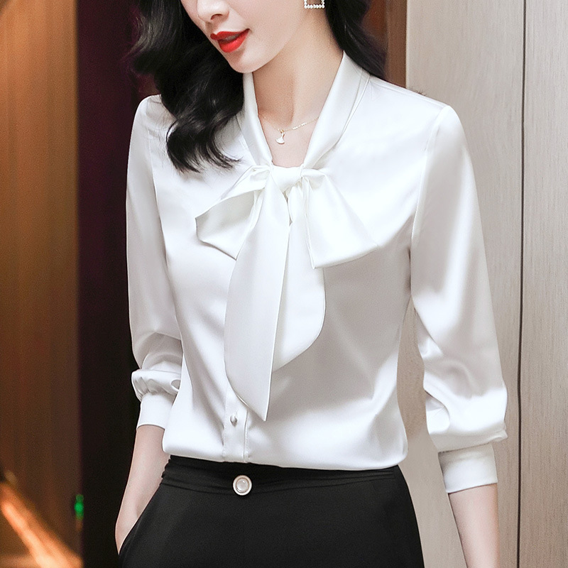 Bow tie single breasted cardigan casual shirt for women spring and autumn temperament solid color long sleeves western-style age-reducing shirt - Image 10
