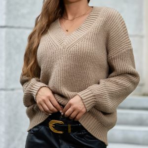 Amazon-style V-neck pullover long-sleeved sweater, cross-border foreign trade women's clothing, fashionable solid color, versatile knitted top.