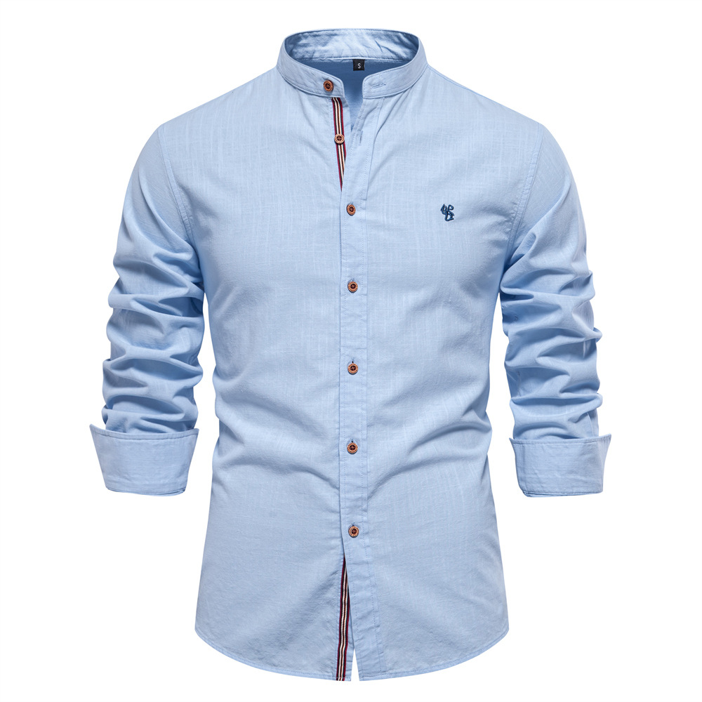 Spring and summer new ribbon business shirt men's cotton and linen casual Japanese fashion solid color long-sleeved shirt men's US size - Image 5