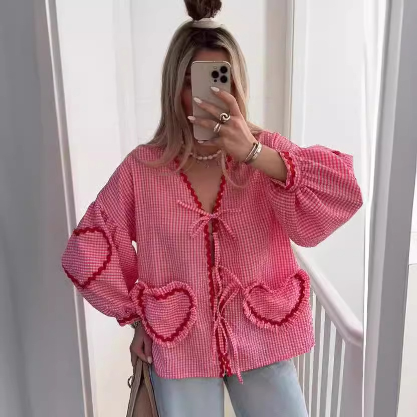 GY25071 Fashion contrast color plaid lantern sleeve top - Image 3