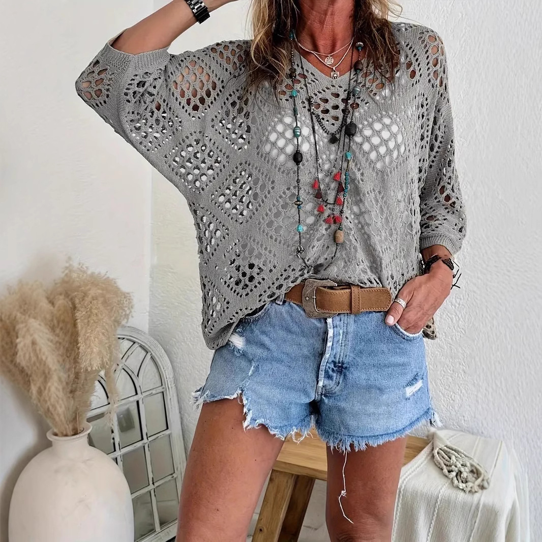 Cross-border e-commerce, Europe and America, Amazon Spring/Summer V-neck diamond-patterned openwork batwing sleeve women's sweater cover-up knitwear - Image 20