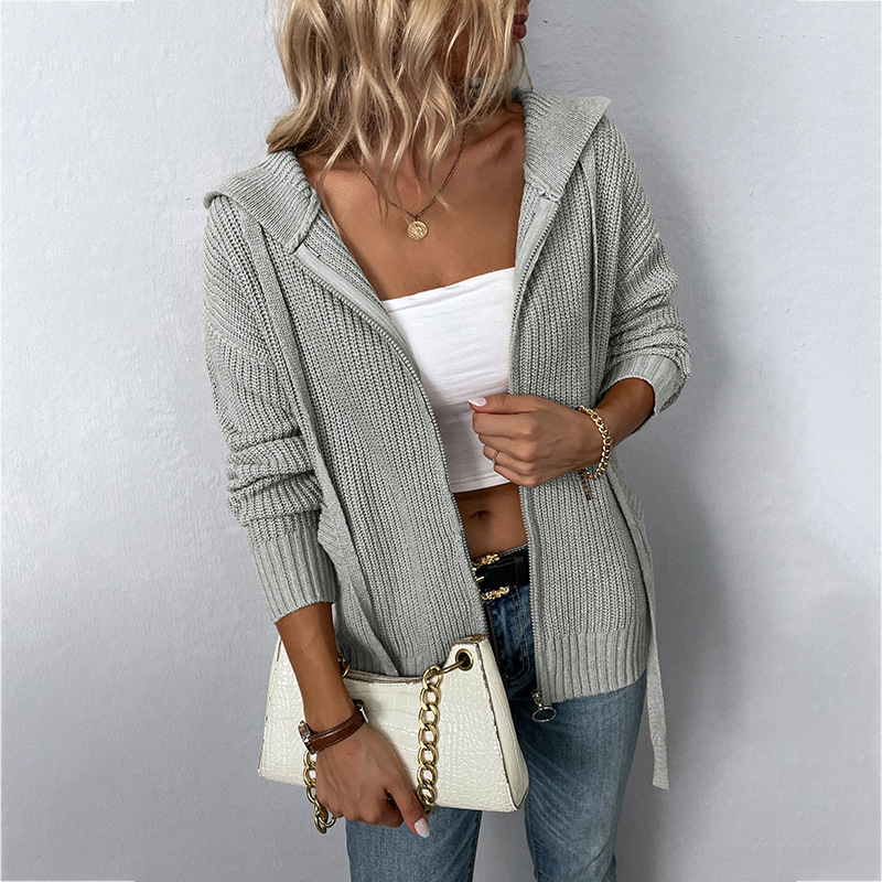 Drizzle Solid Color Hooded Zipper European and American Knitwear Autumn and Winter New Drawstring Pocket Sweater Women's Cardigan Jacket - Image 8