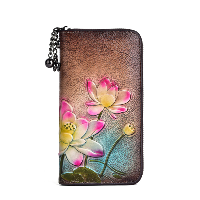 Wallet women Chinese style long small hand bag first layer cowhide zipper mobile phone bag embossed retro color coin purse - Image 5