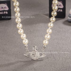 Classic Vivienne Westwood Saturn Pearl Necklace, High-End Version, Full Diamond Inlay, Swarovski Glass Pearl Chain, Women's Style, Nana's Style