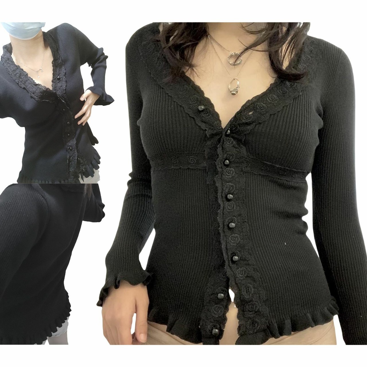 2022 European and American AliExpress Amazon hot style low-neck lace access control vertical knitted long-sleeved top - Image 4