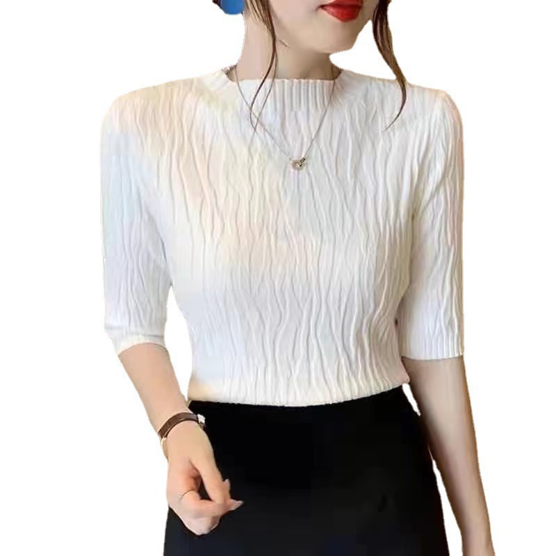 Short-sleeved bottoming shirt women's clothing 2023 summer new casual foreign style slim short top with knitted sweater - Image 5