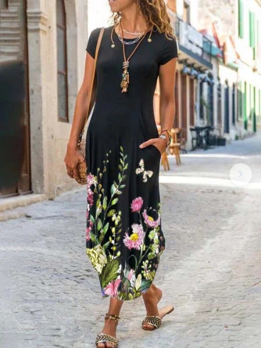 2021 European and American cross-border new Amazon independent station women's round neck pocket short-sleeved trendy printed dress - Image 10
