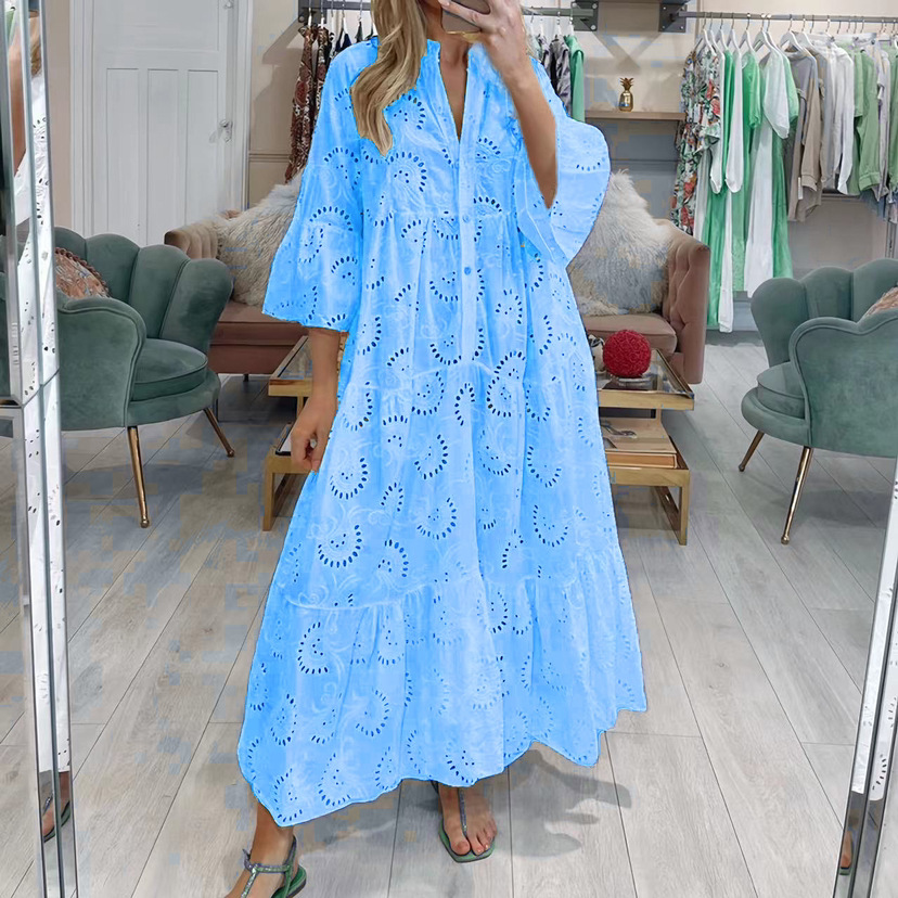 2023 Europe and America Cross Border Summer and Autumn French Style V-neck Bell Sleeve Lace Hollow-out Solid Color Sexy Long Dress for Women - Image 6