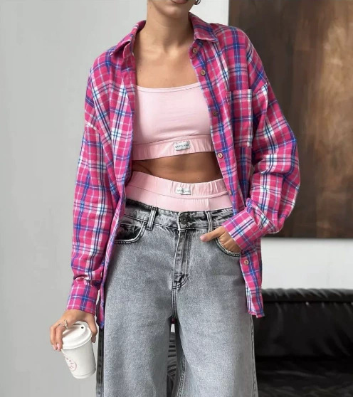 Amazon 2025 Spring and Autumn Cross-border Retro All-match Lapel Loose Shirt #Plaid Long Sleeve Pocket Women's Shirt - Image 9