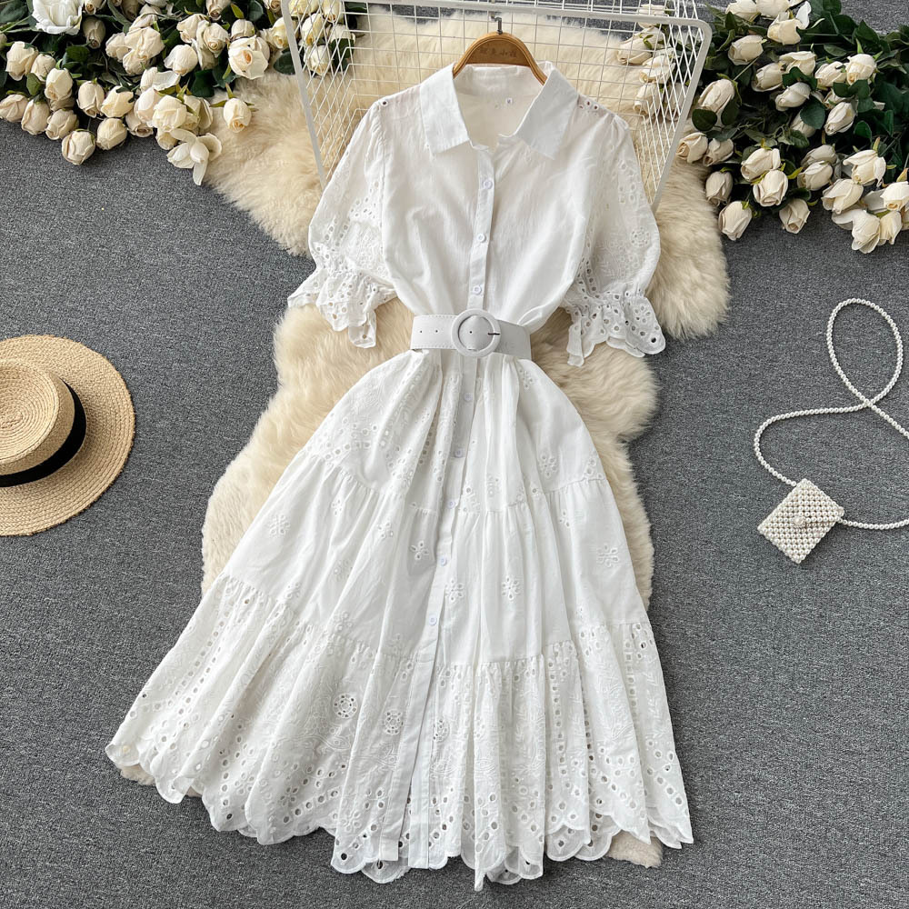 Light Luxury Minority Hollow Embroidered Dress Women's Summer 2022 New Tight Waist Slimming Puff Sleeve Shirt Midi Dress - Image 8