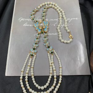 Qingdao Vintage Luxury Jewelry Glass Pearl Enamel Craft Blue Butterfly Sweater Necklace and Earring Set