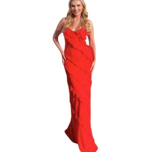 European and American foreign trade women's spring and summer sexy backless sling U-neck off-shoulder wave slim side slit dress long - Image 5